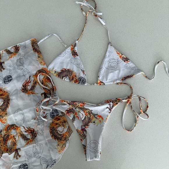 3 Piece Tie-Up Halter Triangle Bikini Set with Skirt Dragon Design in White - Picture 6 of 8